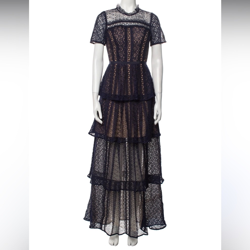 Elegant Navy Lace Tiered Maxi Dress